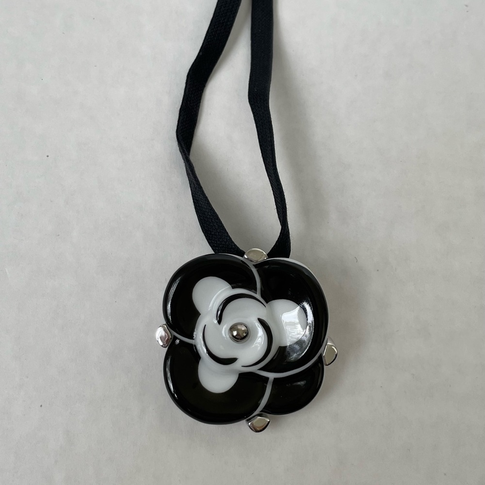 Bernardaud Black White Porcelain Flower Brooch Pin Necklace Floral Feminine